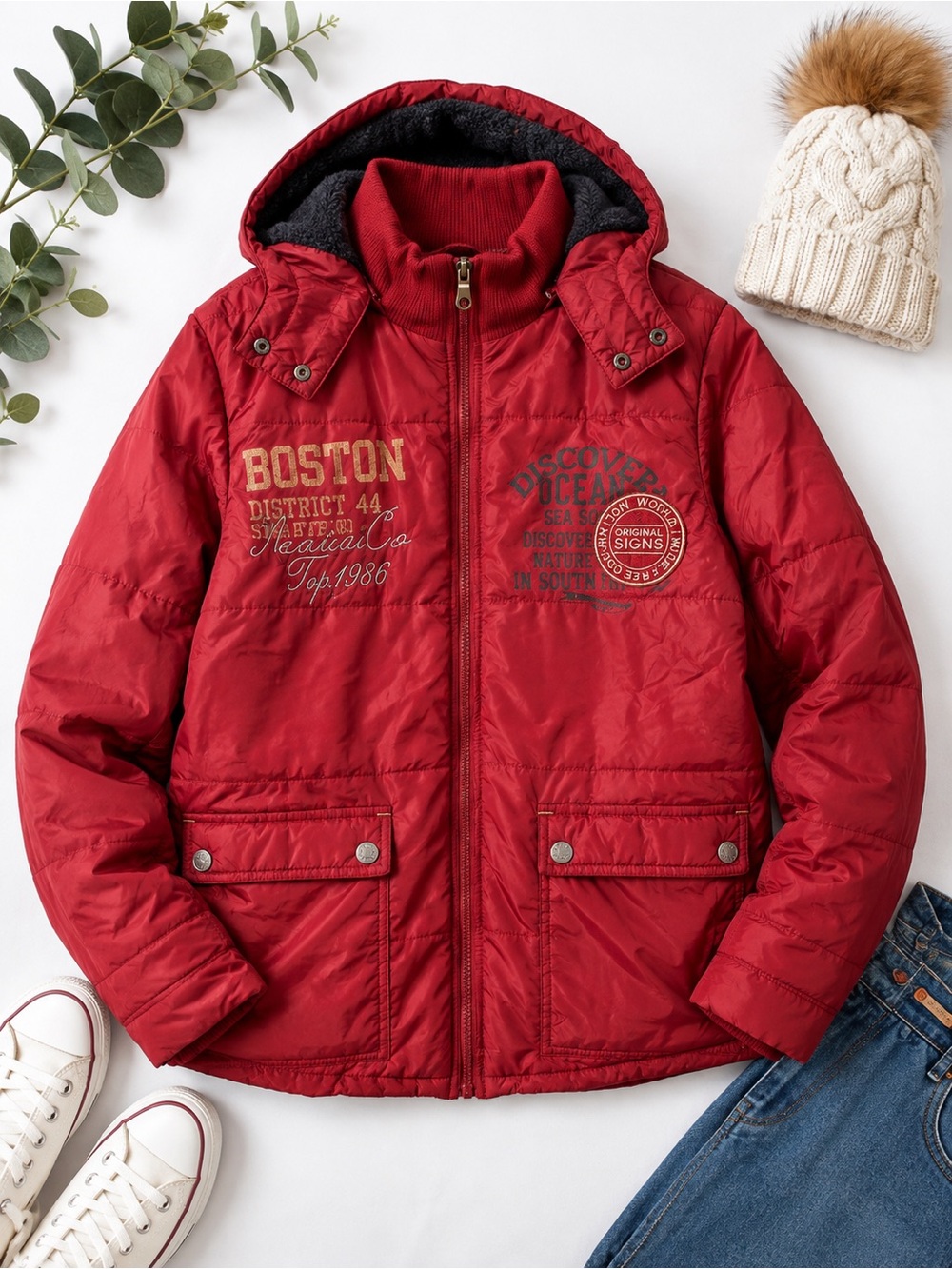 Nexus Desert Classic Red Hooded Puffer Jacket Boston Graphic Women’s M
